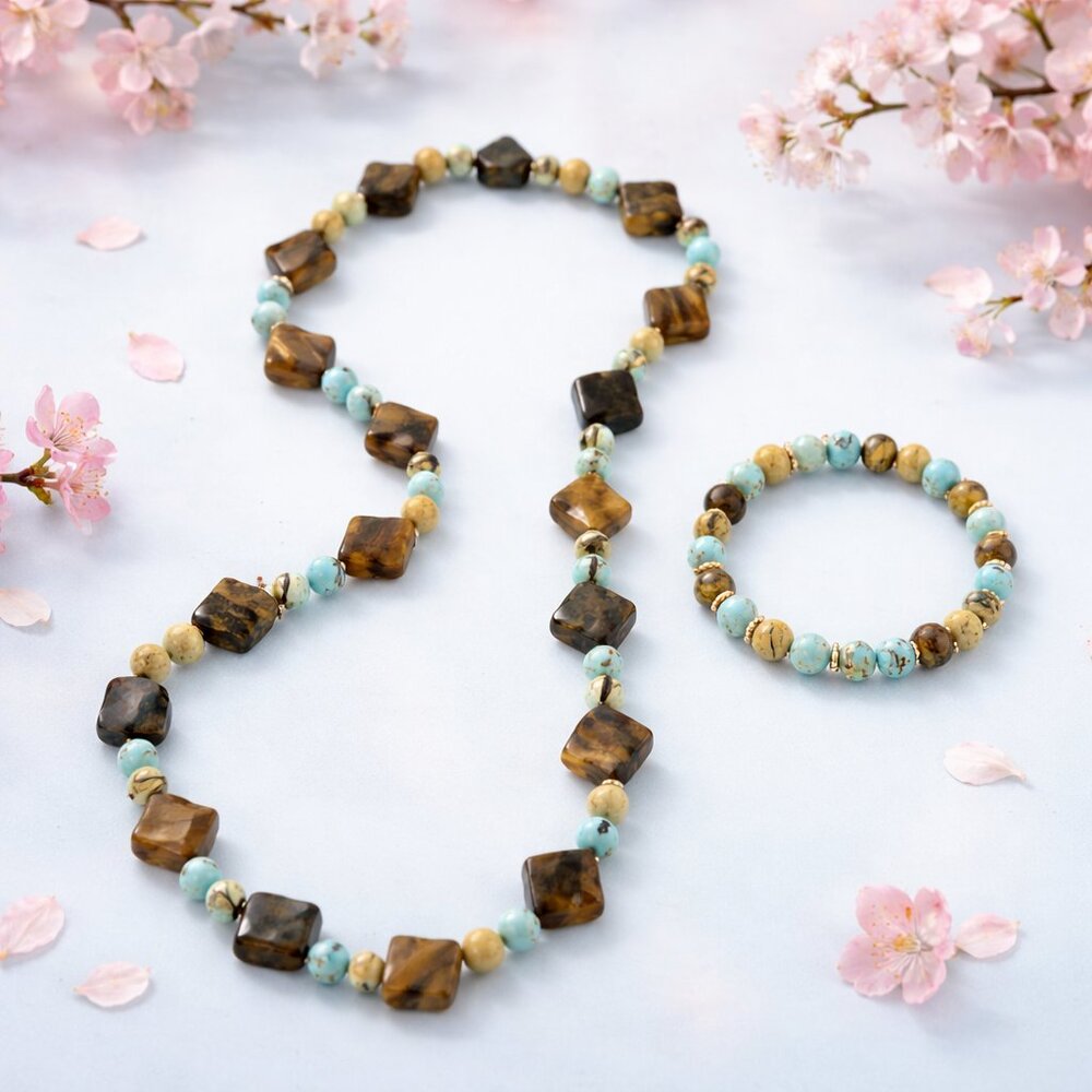 Elegant Brown and Turquoise Beaded Stretch Necklace and Bracelet Set - New